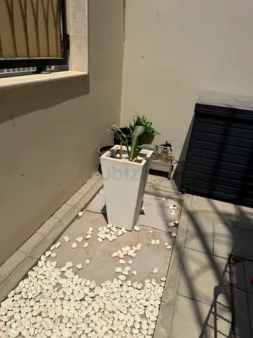 Outdoor tall rectangular planter with white pebble bed - used