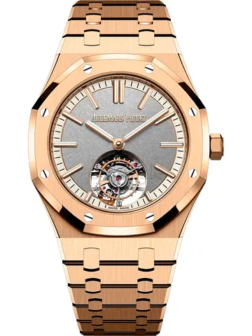 Audemars Piguet Royal Oak Flying Tourbillon in 18k rose gold with a grey dial.