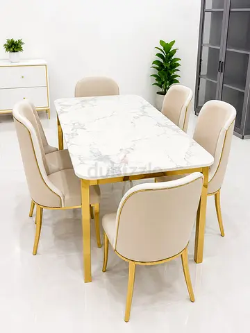6-Seater Marble Top Dining Table with Gold Frame and Upholstered Chairs
