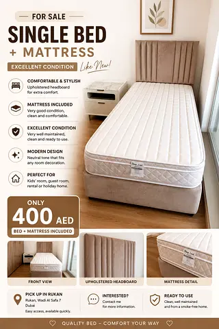 Single Bed with Mattress - Upholstered Headboard, Excellent Condition