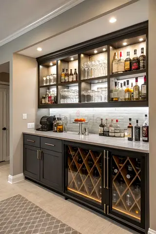 Built-in Home Bar Cabinet with Wine Storage and Glass Display
