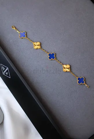 Gold-tone Clover Bracelet with Blue Enamel Accents - Very Good Condition