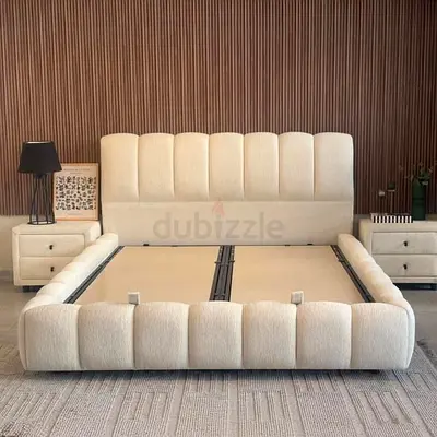Modern Cream Upholstered King Bed Frame with Padded Headboard