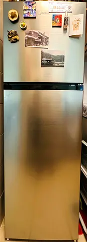 Silver double-door refrigerator, great working condition