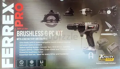 ERREX PRO 20v B/LESS 6PC KIT + 4Ah BATT + CHARGER Drill Saw Sander Shears