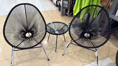 Pair of Black Outdoor Woven Lounge Chairs with Matching Side Table