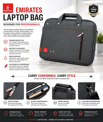 Emirates Branded Grey Laptop Bag - Slim, Padded, Water-Resistant
