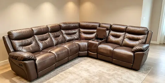 Brown leather reclining corner sofa with center console - excellent condition