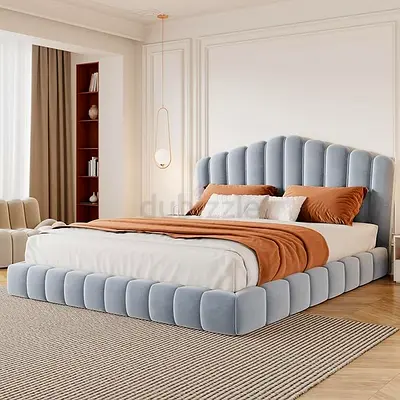 Modern Velvet Low Platform Bed with Padded Headboard - Queen/King