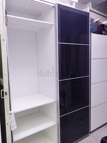 Ikea PAX Sliding Door Wardrobe - White with Black Glass Door, Good Condition