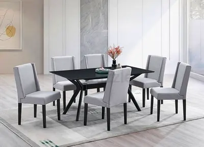 6-Seater Dining Table with Grey Upholstered Chairs - Modern Set