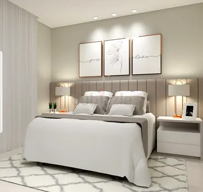 Queen bed with upholstered headboard, matching nightstands