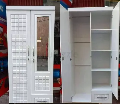 White 2-Door Wardrobe with Mirror and Drawers - Good Condition
