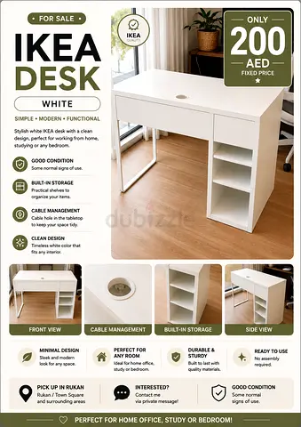 IKEA white desk with storage - very good condition, ready to use (200 AED)
