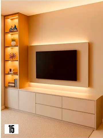 Minimalist TV Entertainment Unit with Built-in Shelving and LED Lighting