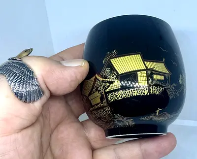 Small Black Lacquer Japanese Sake Cup with Gold Village Scene