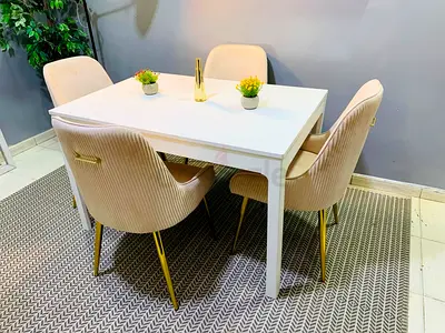 White Dining Table with 4 Velvet Chairs - Modern Set