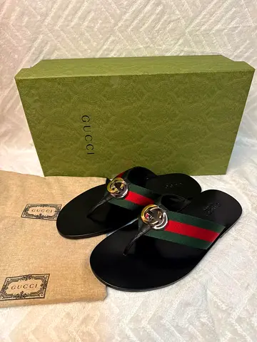 Genuine Gucci Black Leather Flip Flops with Iconic Web Stripe -