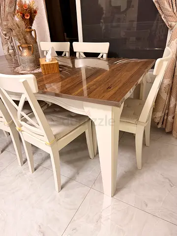 Wooden Dining Table with 6 Matching Chairs - Light Cream Frame, very Good Condition like new