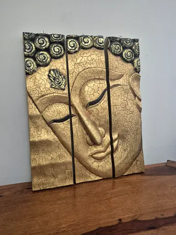 three panel solid wood buddha