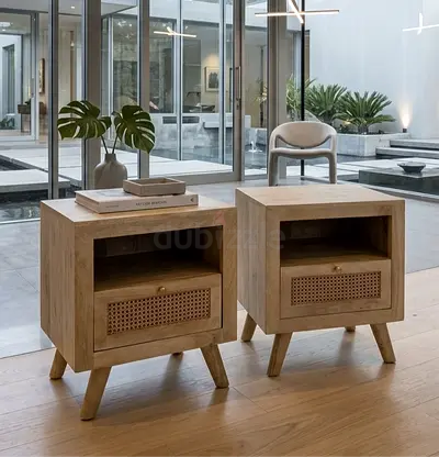 Pair of Wooden Mid-Century Nightstands with Rattan Drawer Fronts