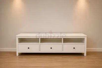 Modern White TV Bench with Drawers and Shelves