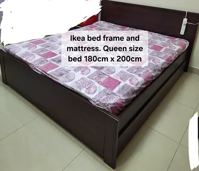 IKEA Queen Bed Frame with Mattress - 180 x 200 cm, Dark Wood with a side table if needed