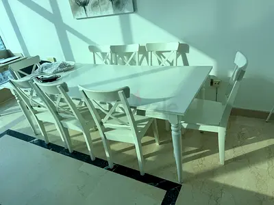 White Wooden Dining Table with 8 Matching Chairs - Good Condition