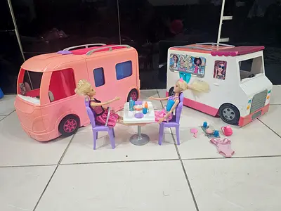 Barbie camper & food truck, 2 barbies,  accessories set with outfit, comb and tea set (used)