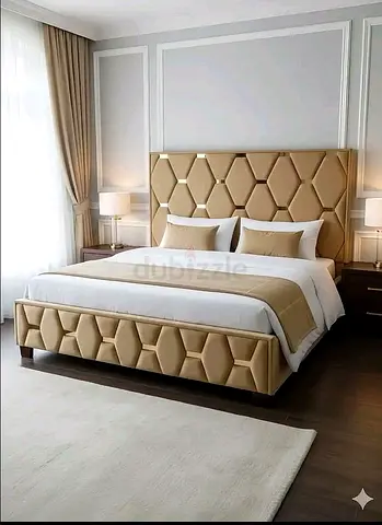 King size upholstered bed with geometric padded headboard (good condition)