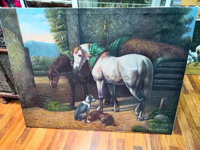 Vintage Oil Painting of Horses and Dogs in Stable Scene 122x94cm