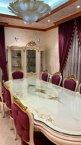 Classic French-style Dining Table with 8 Chairs and Display Cabinet