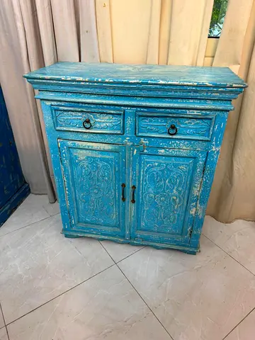 Vintage Distressed Blue Wooden Cabinet / Sideboard - 2 Drawer 2 Door