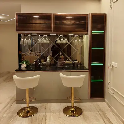 Elegant Modern Home Bar Cabinet with Lighting and Stools