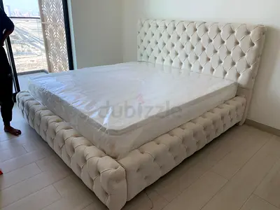 White Tufted King Size Upholstered Bed Frame with Headboard