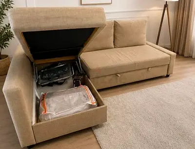 Beige L-shaped Storage Sofa with Pull-out Bed Section