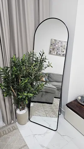 Full-Length Arched Floor Mirror with Slim Black Frame