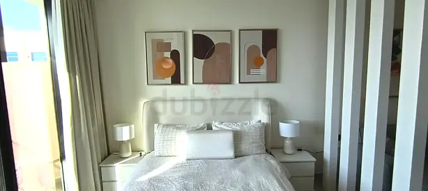Queen bed with bedside tables and lamps - light modern set