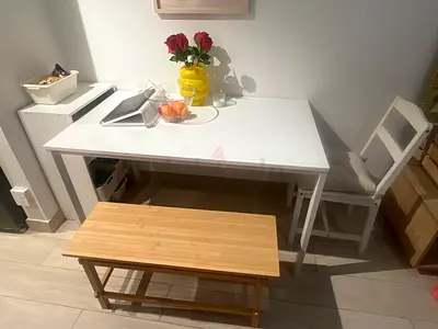 White Dining Table with Bench and Chair - Compact Kitchen Set