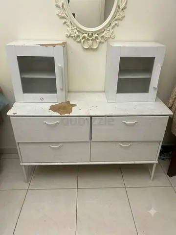 White Wooden Dresser with 2 Glass Wall Cabinets - Used