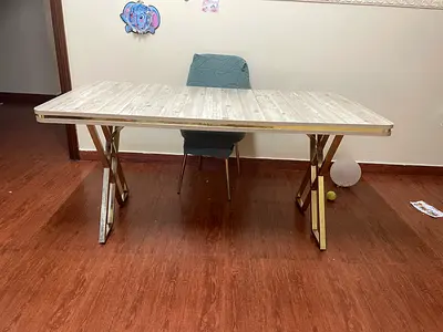 160*80 cm Wooden Dining Table with Metals Cross Legs - Light Wood Finish only one chair in condition