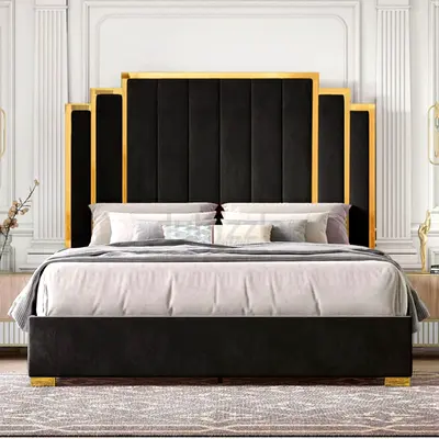 Modern Black Velvet King Bed with Gold Trim Headboard