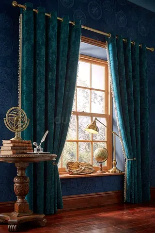 Thick Teal Velvet Eyelet Curtains with Gold Trim - Pair