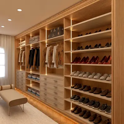 Custom Built-in Walk-in Wardrobe with Shoe Shelves and Drawers