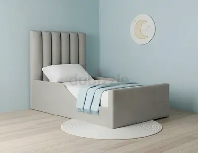 Single Upholstered Bed with Tall Padded Headboard - Light Grey
