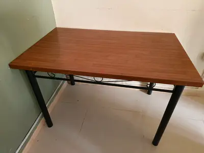 Wooden Top Dining Table with Metal Legs - Good Condition with 3 chairs q