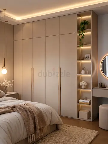 Built-in Bedroom Wardrobe with Integrated Shelving and LED Lighting