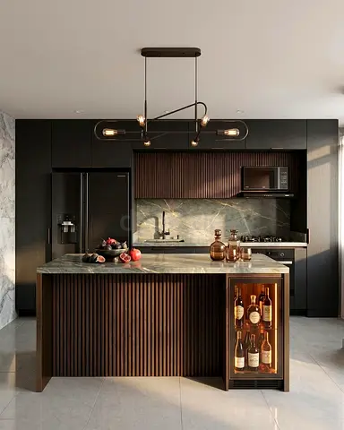 Modern dark wood kitchen island with built-in wine rack and marble top