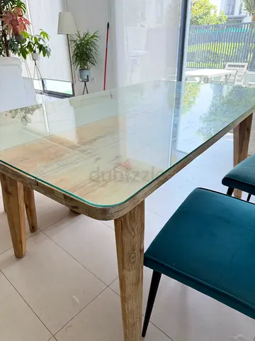 Modern Wooden Dining Table with Glass Top, Bench & Chairs