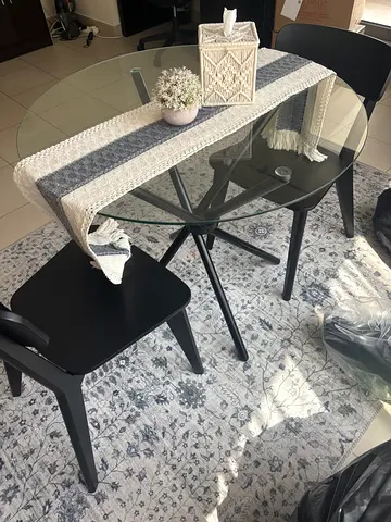 Glass Top Dining Table with 2 Black Chairs - Modern Set